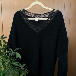 Black Lace Trim V-Neck Sweater